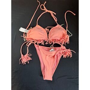 Forever 21 Coral Pink Fringe Triangle Bikini Set Two Piece Swimwear Small NWT